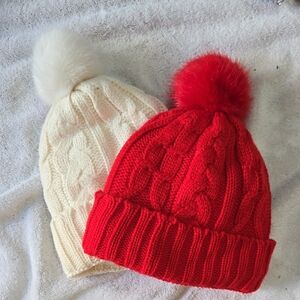 PINK Victoria's Secret Red and White Knit Beanies